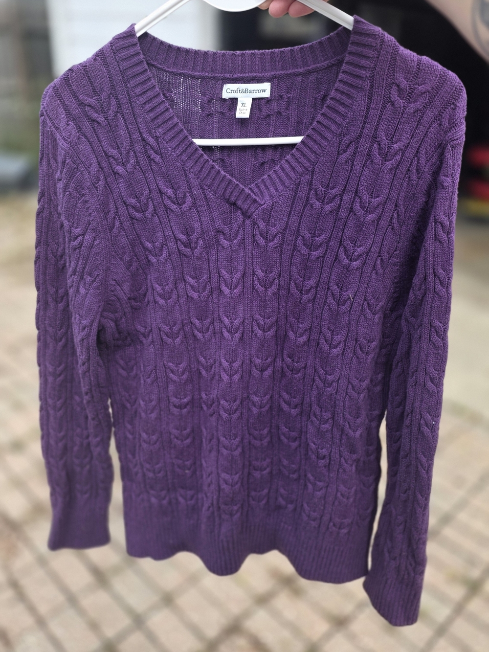 Purple Cable-Knit V-Neck Sweater